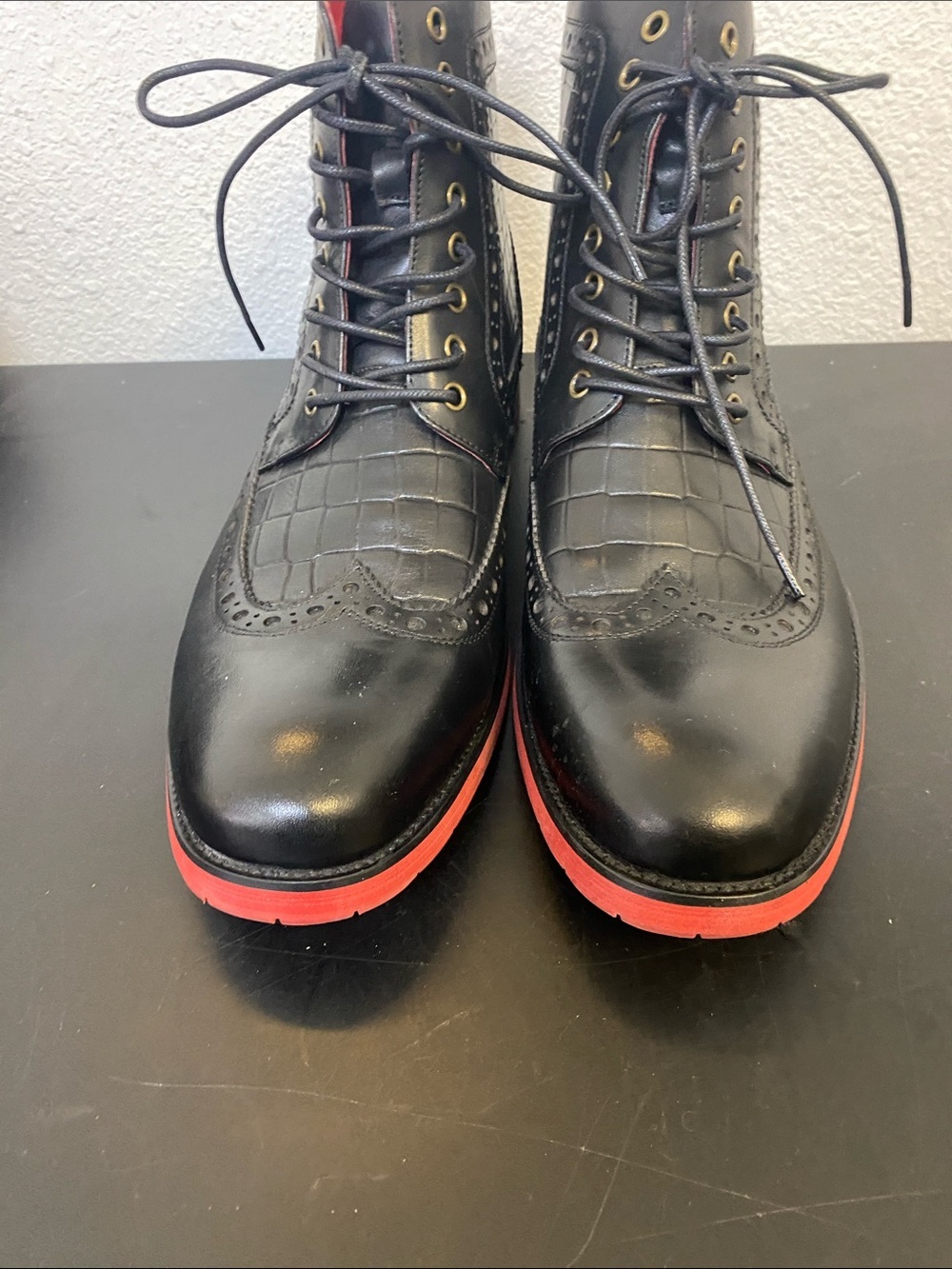 Men's Belmont Black Crocskin Leather Wingtip Combat Boots by marc nolan size 13 - Picture 2 of 7